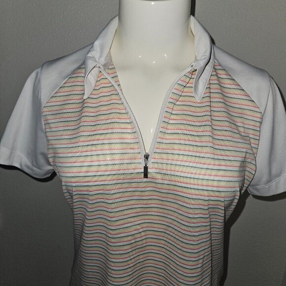 NIKE Golf Dri-Fit Womens Polo Shirt Size Medium 8-10 Striped Green Yellow White - Picture 6 of 10